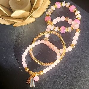 Brand New Bohemian Pink Gold Glass Bead stack of 4 Bracelets